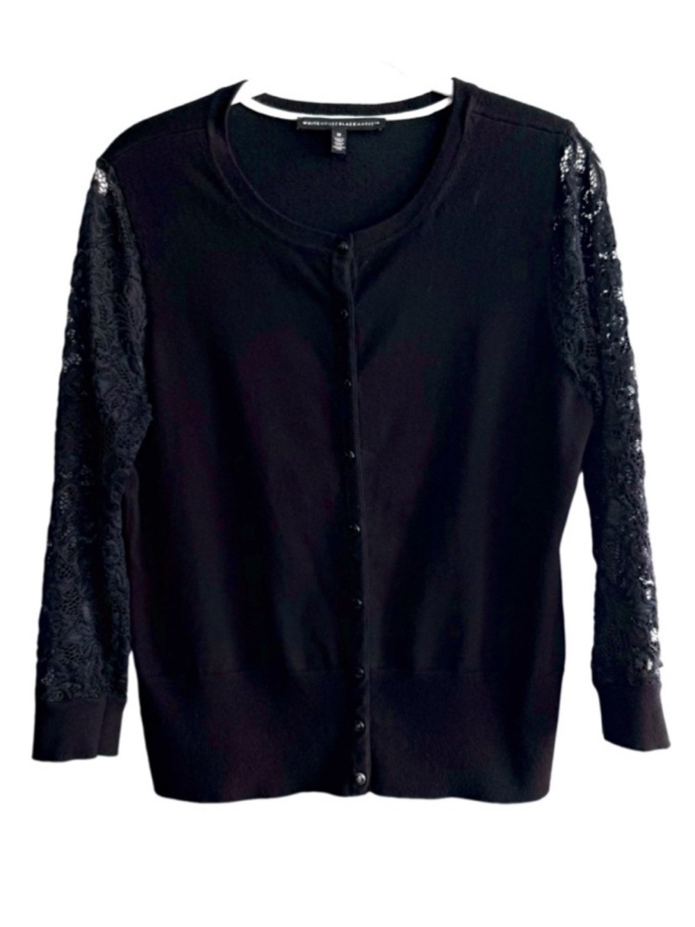 WHBM Black Cardigan Sweater Three Quarter Lace Sleeves Snap Front Closure Size M